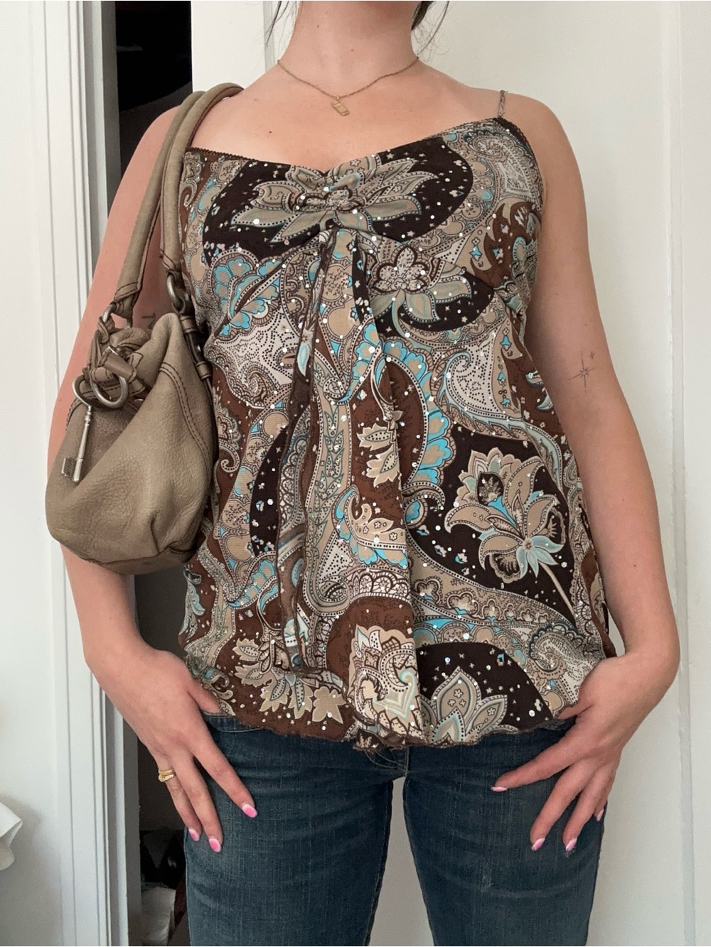 y2k Reitmans Brown Paisley Spaghetti Strap Camisole with Sequin Accents